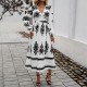 Diyun Cross-border 2024 Autumn/Winter Amazon European and American foreign Trade Women's Wear, elegant color-blocking printed V-neck long-sleeved dress