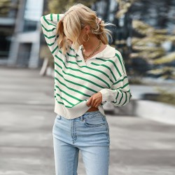 Diyun European and American Amazon Foreign Trade Women's Clothing 2025 Autumn/Winter polo Collar Women's color-blocking striped sweater top