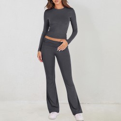 Diyun European and American Women's Clothing Amazon Cross-border 2024 Spring/Summer Export Casual Solid Color Slim Long-sleeved Knitted Pants Set