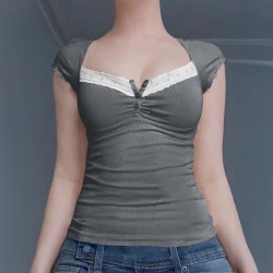 Di Yun's Spring/Summer 2025 Amazon Cross-border European and American Y2K Sexy Slimming Knitted lace short-sleeved top Women's T-shirt