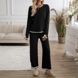 Diyun Cross-border Women's Clothing Set for Amazon 2024, a casual and elegant solid-color knitted long-sleeved woolen coat and pants set