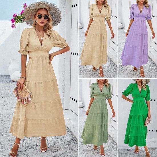 Diyun Amazon Cross-border European and American women's Clothing Spring/Summer 2024 export style solid color V-neck tie waist dress