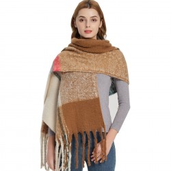 A new and popular European and American autumn and winter scarf and shawl with looped yarn imitation mohair and a checkered thick tassel pattern