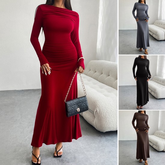 Diyun Cross-border 2024 Autumn/Winter Amazon European and American foreign Trade Women's Clothing, solid color, body-hugging one-shoulder dress