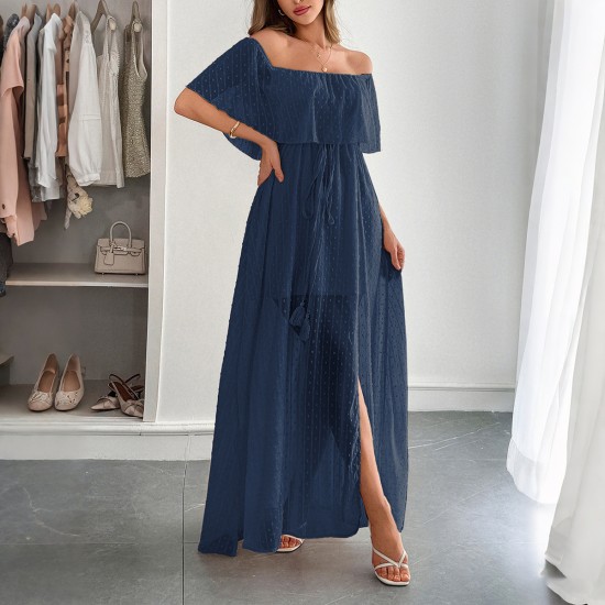 Diyun Cross-border European and American elegant strapless and cinched short-sleeved women's long dress for women's clothing 2025 summer Amazon Diyun Cross-border European and American elegant strapless and cinched short-sleeved women's long dress for women's clothing 2025 summer Amazon