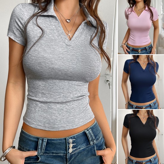 Diyun Cross-border 2025 Spring/Summer European and American Women's Clothing Amazon Casual Slimming Crop Top Y2K Knitted Short-sleeved bm top