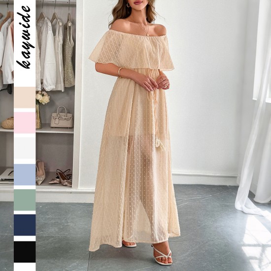 Diyun Cross-border European and American elegant strapless and cinched short-sleeved women's long dress for women's clothing 2025 summer Amazon Diyun Cross-border European and American elegant strapless and cinched short-sleeved women's long dress for women's clothing 2025 summer Amazon