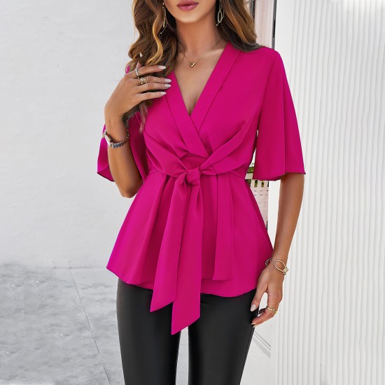 Diyun Amazon Cross-border Trade Women's Clothing Spring/Summer 2024 V-neck solid color elegant five-quarter sleeve lace-up waist top
