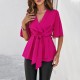 Diyun Amazon Cross-border Trade Women's Clothing Spring/Summer 2024 V-neck solid color elegant five-quarter sleeve lace-up waist top