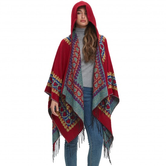 New cross-border trade shawl, European and American spring, autumn and winter cape, ethnic style, heart-shaped red tassel hooded cape New cross-border trade shawl, European and American spring, autumn and winter cape, ethnic style, heart-shaped red tassel hooded cape
