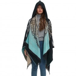 Amazon's hot foreign trade European and American spring and winter new peacock jacquard black and blue imitation cashmere hooded cape shawl