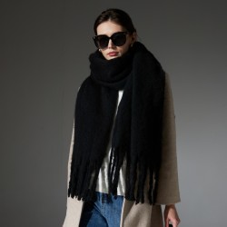 New winter thickened loop yarn imitation mohair coarse tassel solid color black scarf and shawl for foreign trade to Europe and America are in stock
