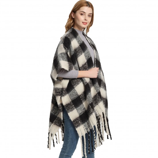 Amazon export European and American autumn and winter black checkered loop yarn imitation mohair thickened tassel shawl custom manufacturer Amazon export European and American autumn and winter black checkered loop yarn imitation mohair thickened tassel shawl custom manufacturer
