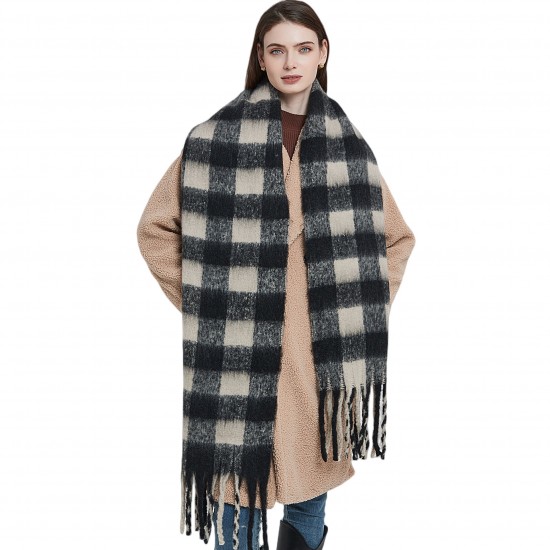 Customized LOGO for European and American autumn and winter loop yarn imitation mohair thick beard black rice checkered scarf manufacturers Customized LOGO for European and American autumn and winter loop yarn imitation mohair thick beard black rice checkered scarf manufacturers