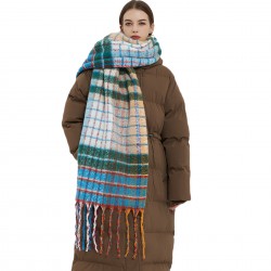 2023 New foreign trade European and American imitation mohair rainbow checkered scarf Women's winter scarf thickened warm shawl