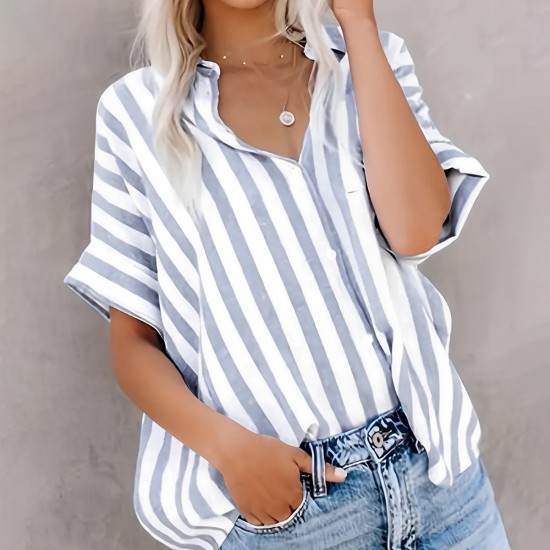 Diyun Cross-border European and American 2025 Spring/Summer Casual Commuting Printed striped contrasting color Short-sleeved cardigan shirt Top Women's clothing