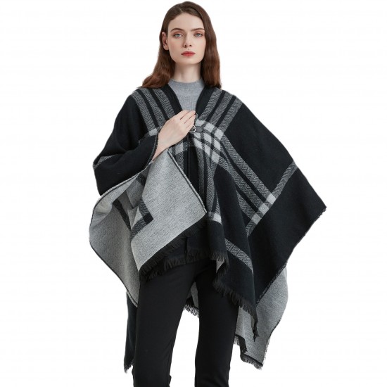 New European and American autumn and winter faux cashmere black and white checkered leather button-split shawl for women's capes manufacturer New European and American autumn and winter faux cashmere black and white checkered leather button-split shawl for women's capes manufacturer