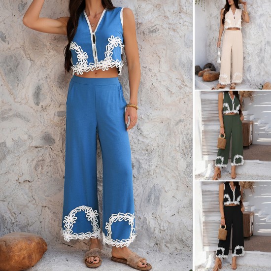 Diyun's Spring/Summer 2025 Cross-border Amazon European and American Leisure vacation Storm: Misia Geometric color-blocking Pants Set for women Diyun's Spring/Summer 2025 Cross-border Amazon European and American Leisure vacation Storm: Misia Geometric color-blocking Pants Set for women
