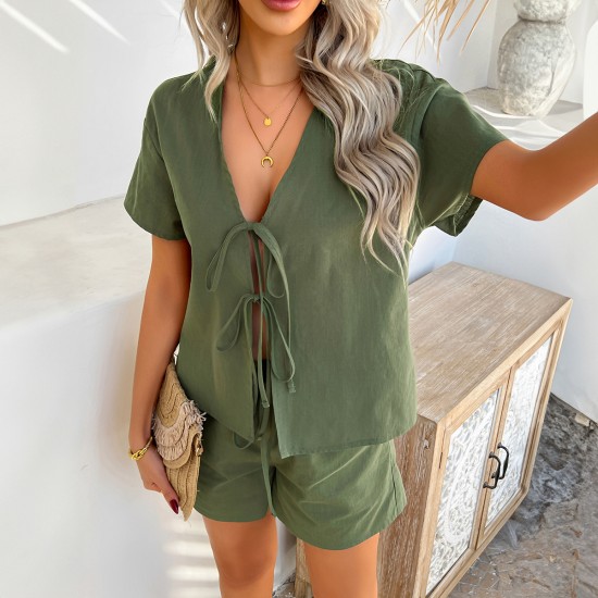 Diyun Cross-border European and American 2025 Spring/Summer Casual Solid Color Vacation Style short-sleeved lace-up top Short Pants Set Women's clothing