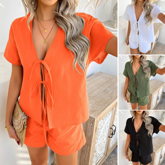 Diyun Cross-border European and American 2025 Spring/Summer Casual Solid Color Vacation Style short-sleeved lace-up top Short Pants Set Women's clothing